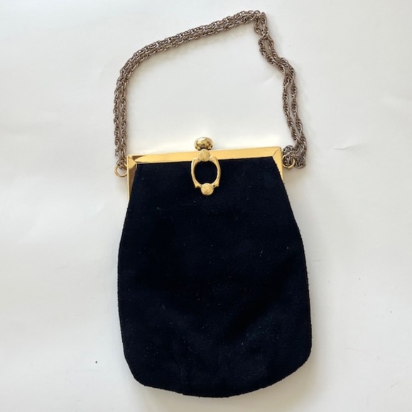by Triangle 60s Handbag Black Suede Purse Gold Accents - Picture 1 of 5